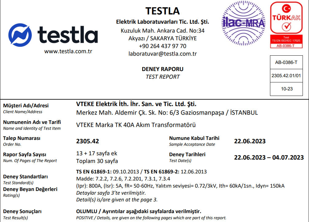TK 40 TESTLA Certification